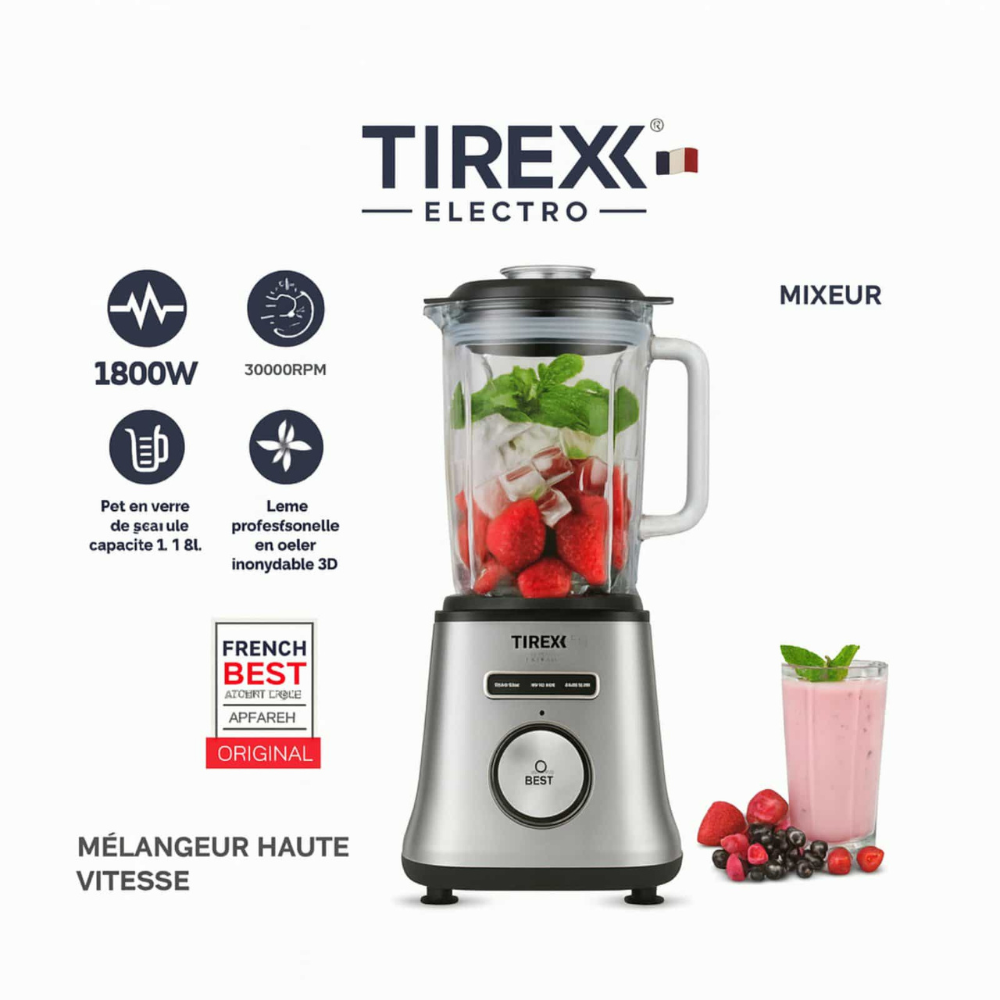 Blender-TIREX-ELECTRO-Haute-Vitesse-1800W-Inox-Bol-Verre-1.8L-RPM-30000.png Blender TIREX ELECTRO Haute Vitesse 1800W ,Inox | Bol Verre 1.8L ,RPM 30000 - الصورة 1