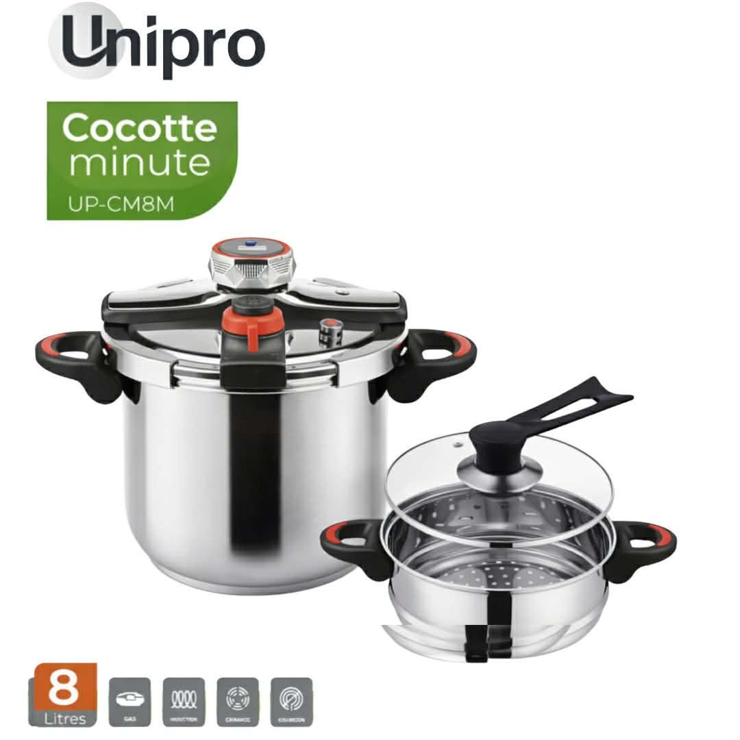 Cocotte-Minute-Unipro-UP-CM8M-8-Litres-Inox-Haute-Qualite-Induction-Gaz-Avec-Accessoires-Vapeur.jpg Cocotte-Minute Unipro UP-CM8M - 8 Litres - Inox Haute Qualité - Induction & Gaz - Avec Accessoires Vapeur - الصورة 1