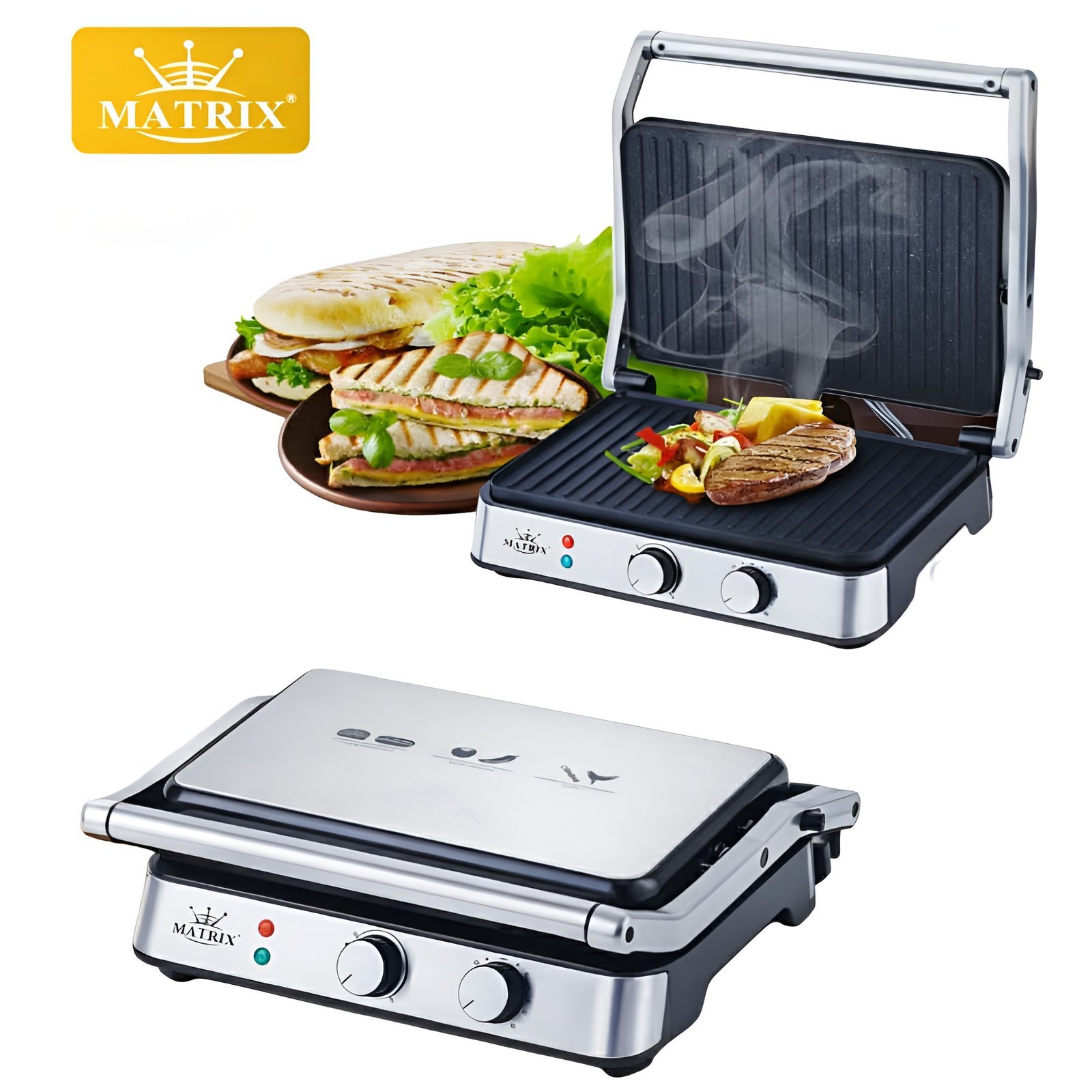 Grill-et-Panineuse-Matrix-MX-5027-2200W-Ouverture-180°-Minuterie-Plaques-Antiadhesives.jpg Grill et Panineuse Matrix MX-5027 - 2200W - Ouverture 180° & Minuterie Plaques Antiadhésives - الصورة 1