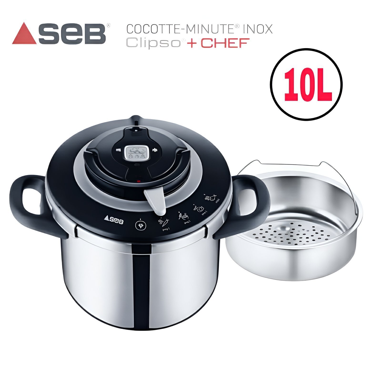 ocotte-Minute-SEB-Clipso-Chef-10L.jpg Cocotte-Minute SEB Clipso + Chef 10L - Inox - Induction - Fabriqué en France - Système d'Ouverture Facile - الصورة 1